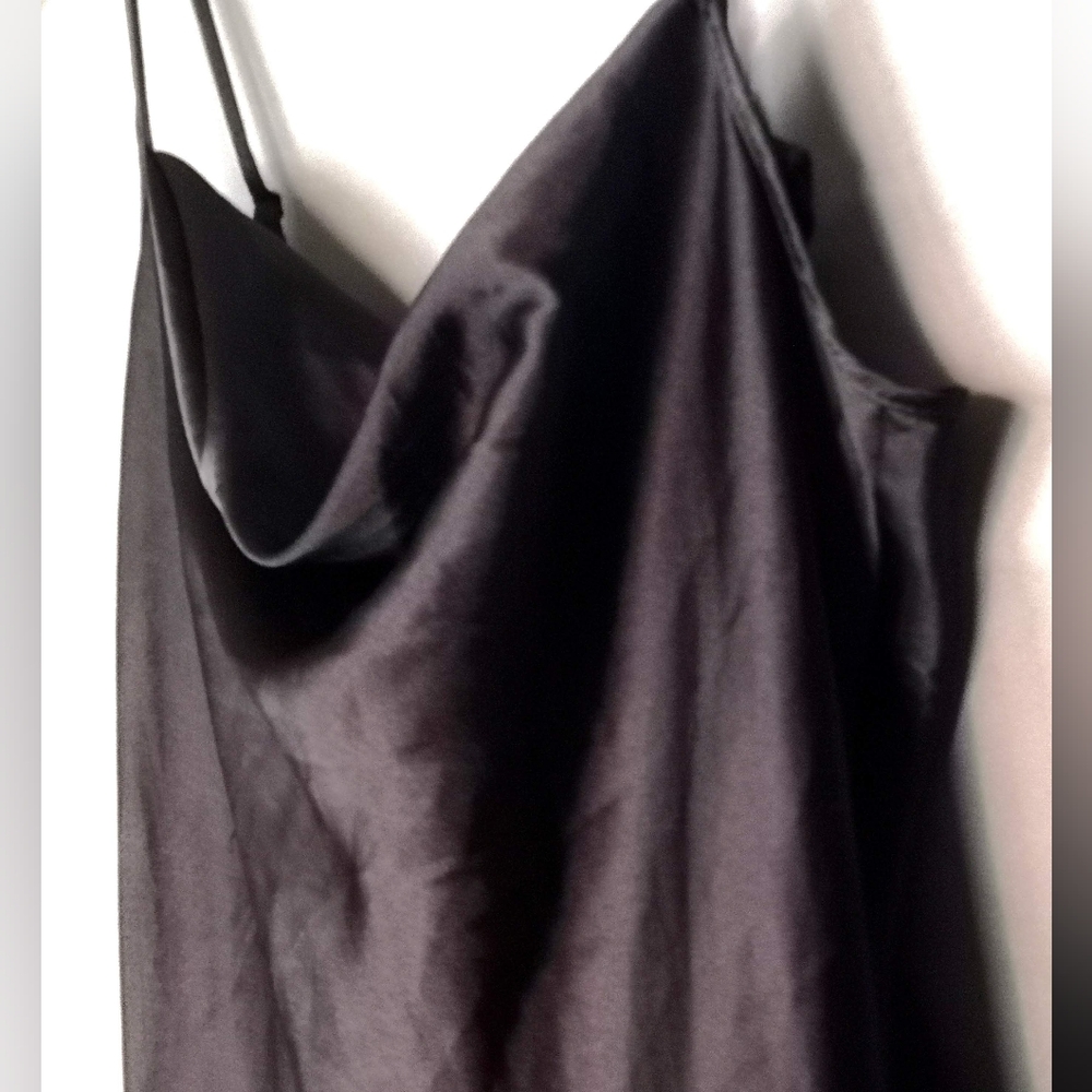 Vintage | Black Slip Satin Cowl Neck Spaghetti Strap Midi Dress - Picture 3 of 12